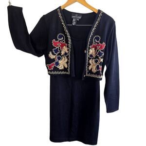 Size M Vintage Carole Little Knit Twofer Dress Embroidered Cardigan Beaded Dress